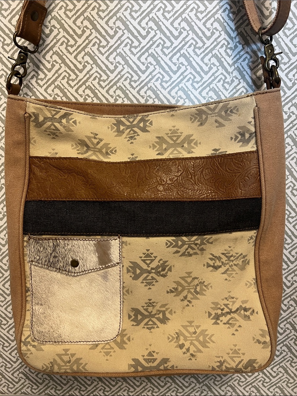 Patterned Canvas and Leather Patch Crossbody Bag in Tan and Cream